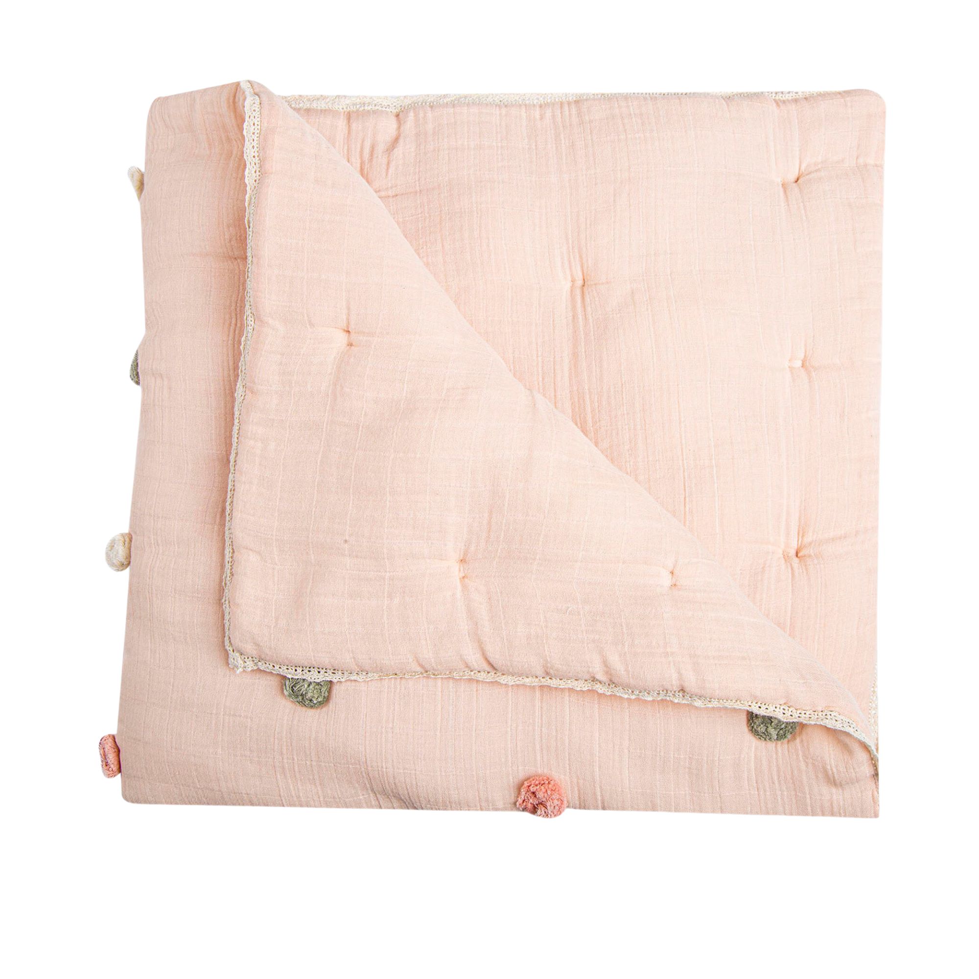 Pink pom pom blanket on white background