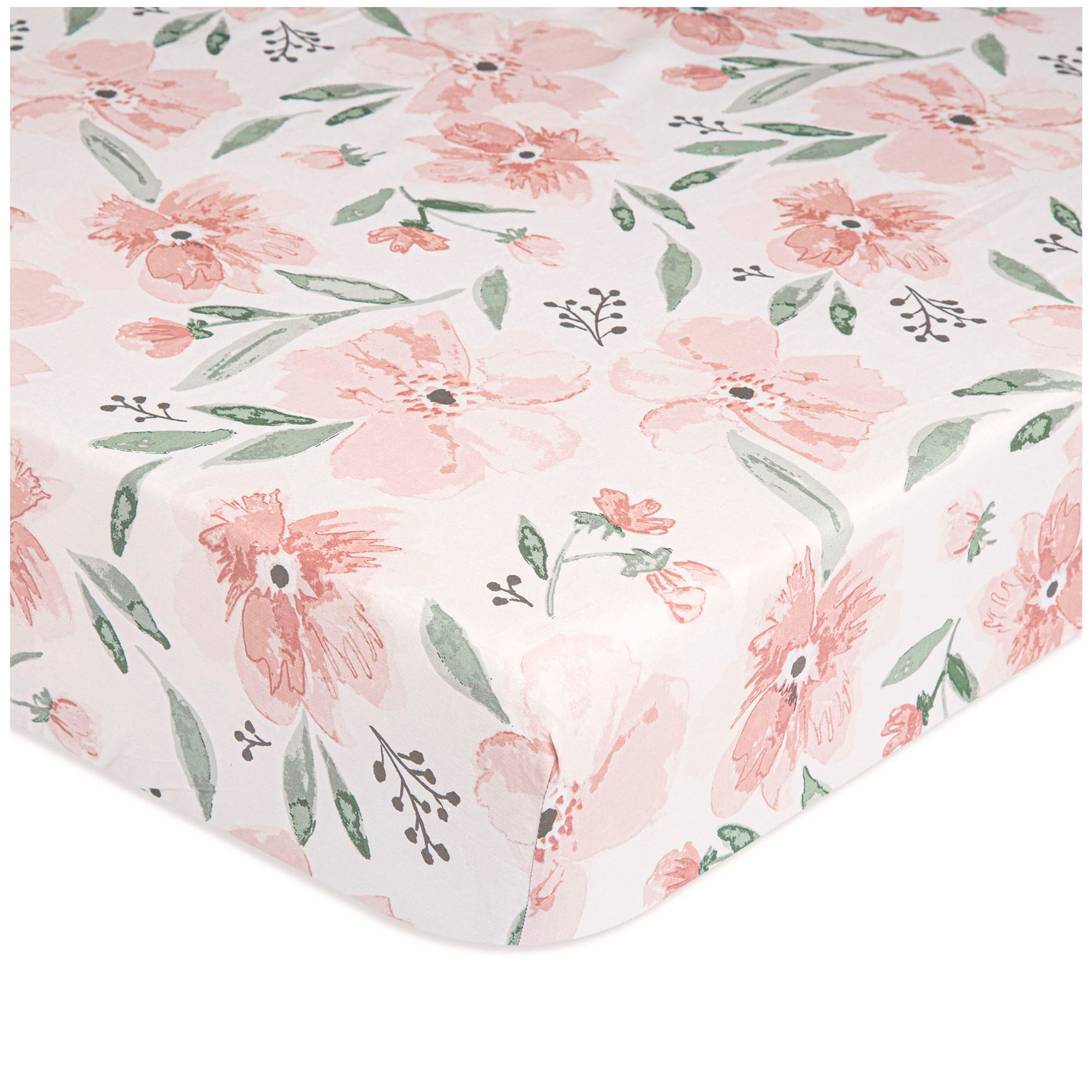 Corner of a crib mattress with a pink floral fitted sheet